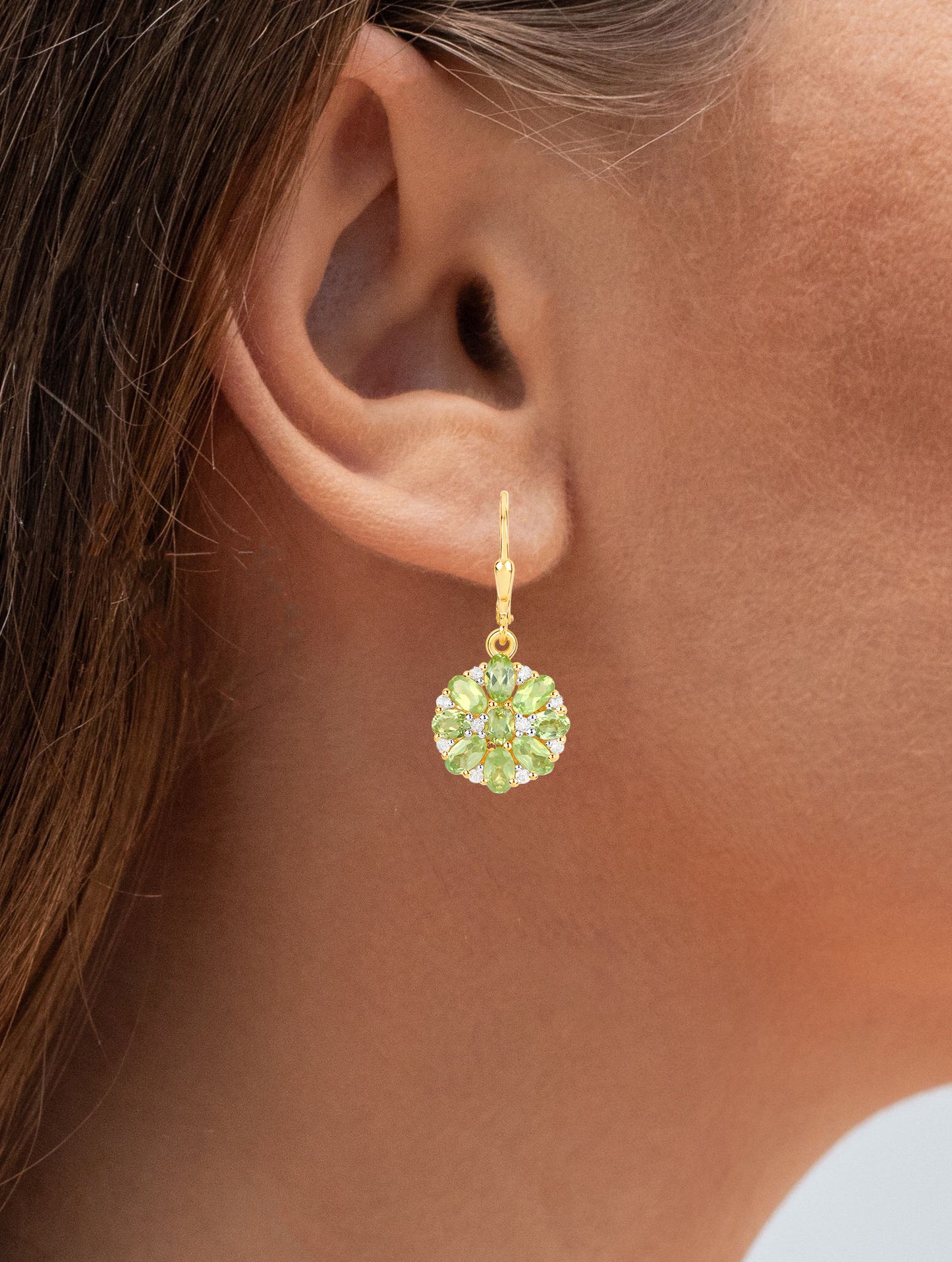 Natural Peridot Cluster Earrings White Topaz 4.2 Carats 18K Gold Plated Silver