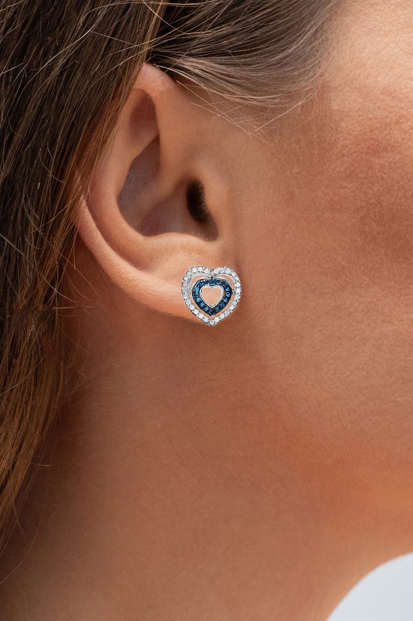 Blue and White Diamond Heart Earrings 0.42 Carats Sterling Silver
