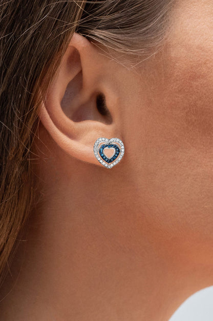 Blue and White Diamond Heart Earrings 0.42 Carats Sterling Silver