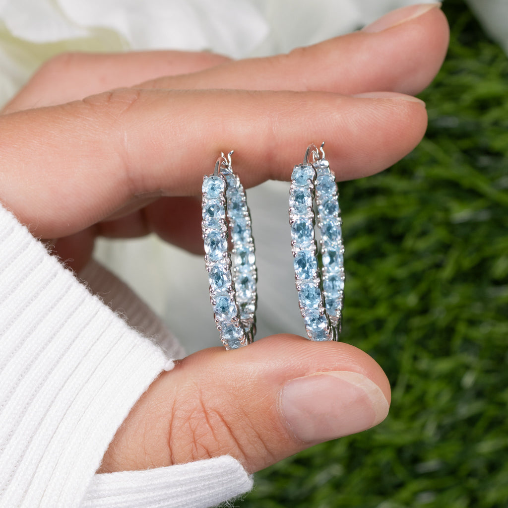 Blue Topaz Hoop Earrings 5.68 Carats Sterling Silver
