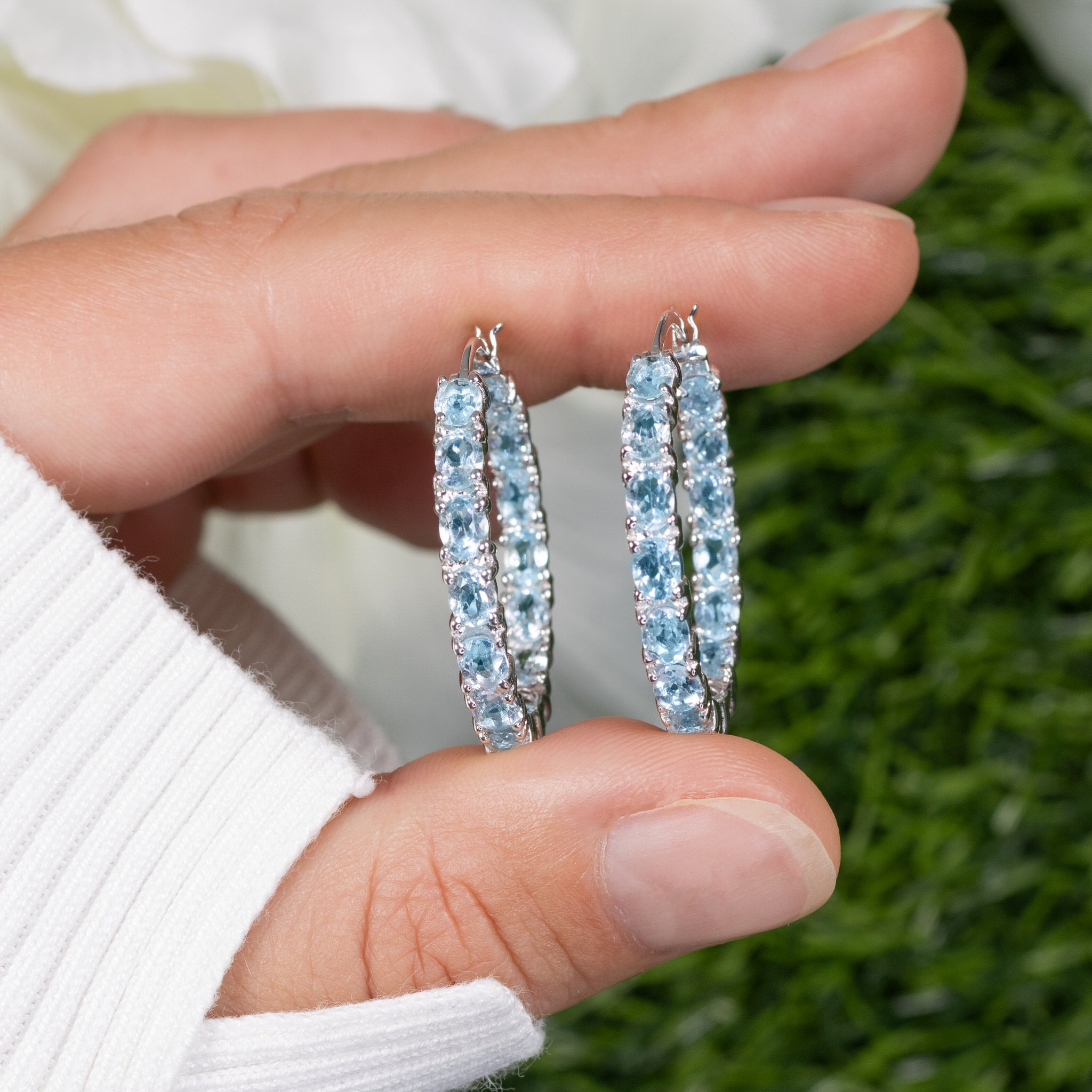 Blue Topaz Hoop Earrings 5.68 Carats Sterling Silver