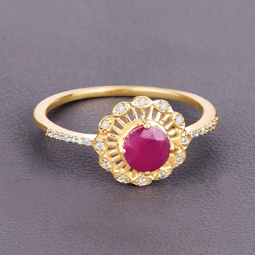 Ruby Flower Ring With Diamonds 0.66 Carats 14K Yellow Gold