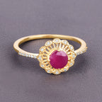Ruby Flower Ring With Diamonds 0.66 Carats 14K Yellow Gold