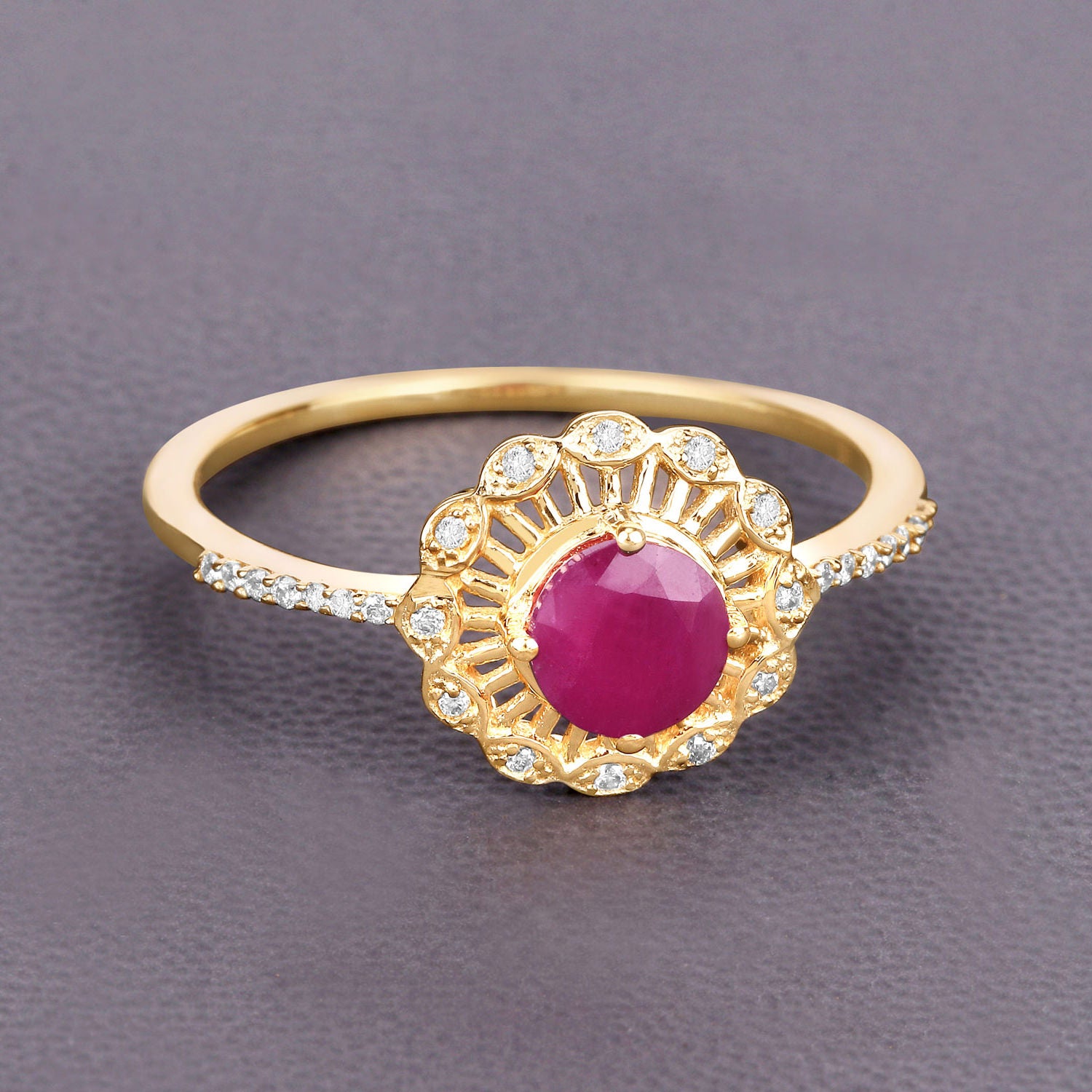 Ruby Flower Ring With Diamonds 0.66 Carats 14K Yellow Gold