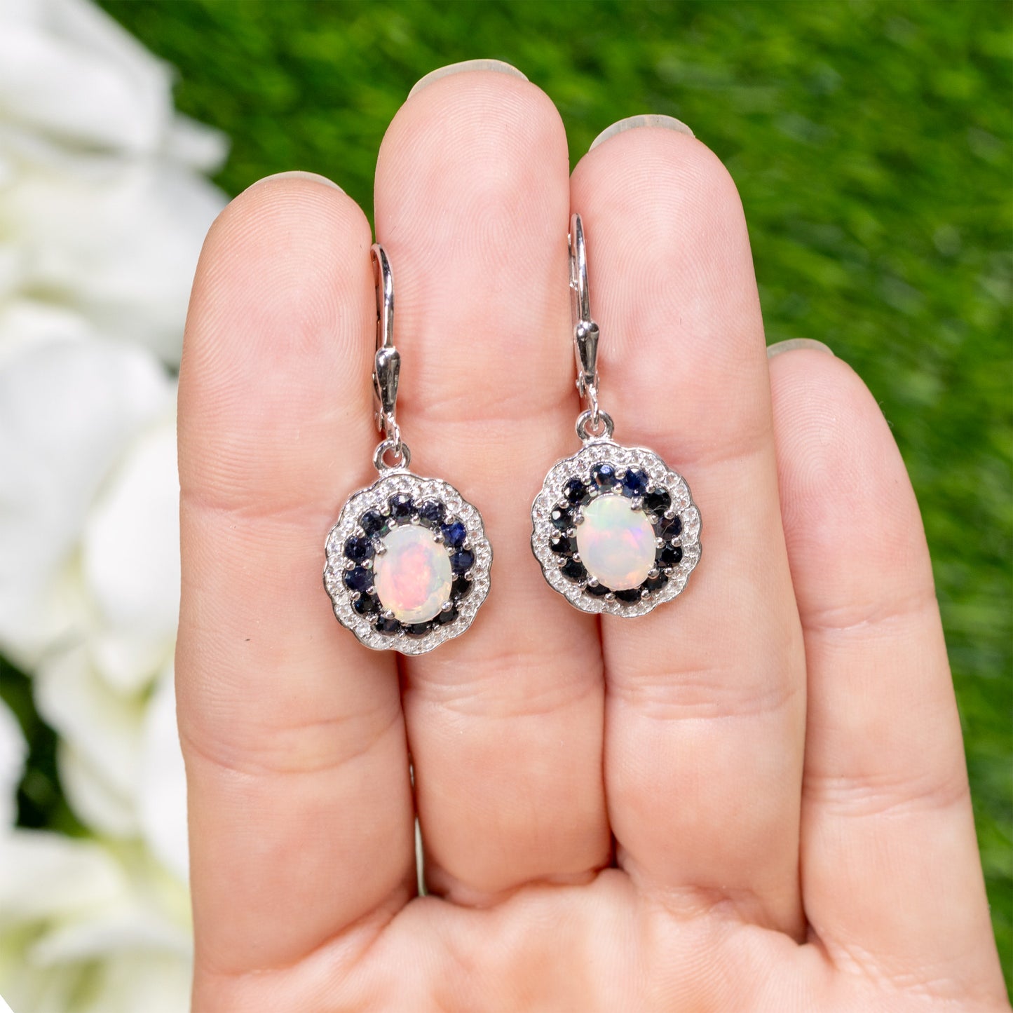 Ethiopian Opal Dangle Earrings Blue Sapphire 2.7 Carats Silver