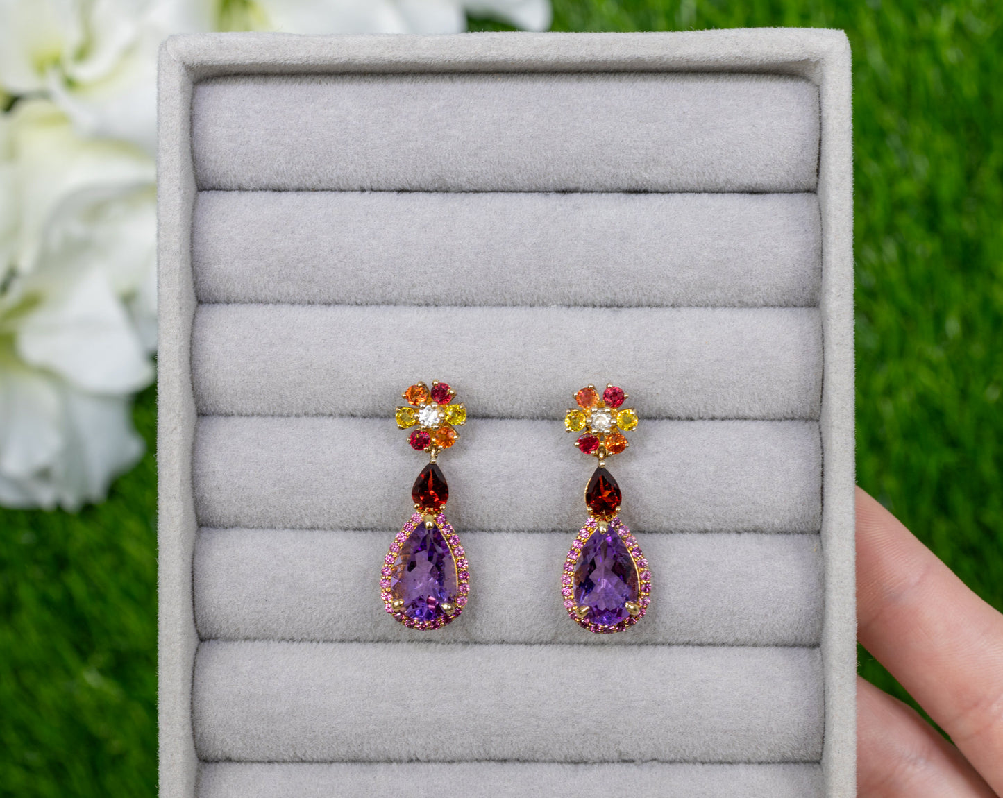 Natural Multicolor Gemstones Dangle Earrings Amethyst Sapphire Garnet Rhodolite