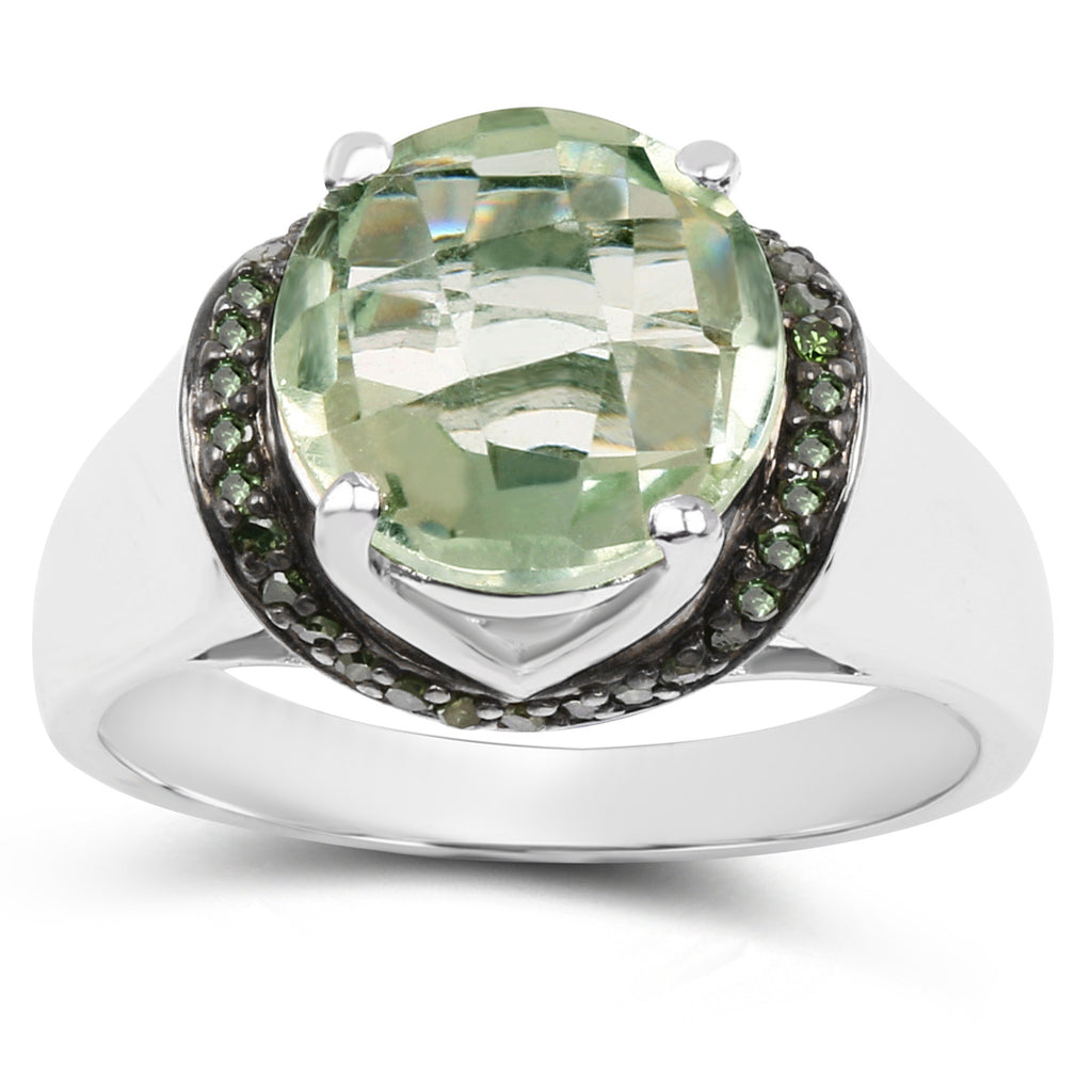Green Amethyst Ring With Green Diamonds 3.92 Carats Sterling Silver