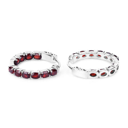Garnet Hoop Earrings 4 Carats Rhodium Plated Silver