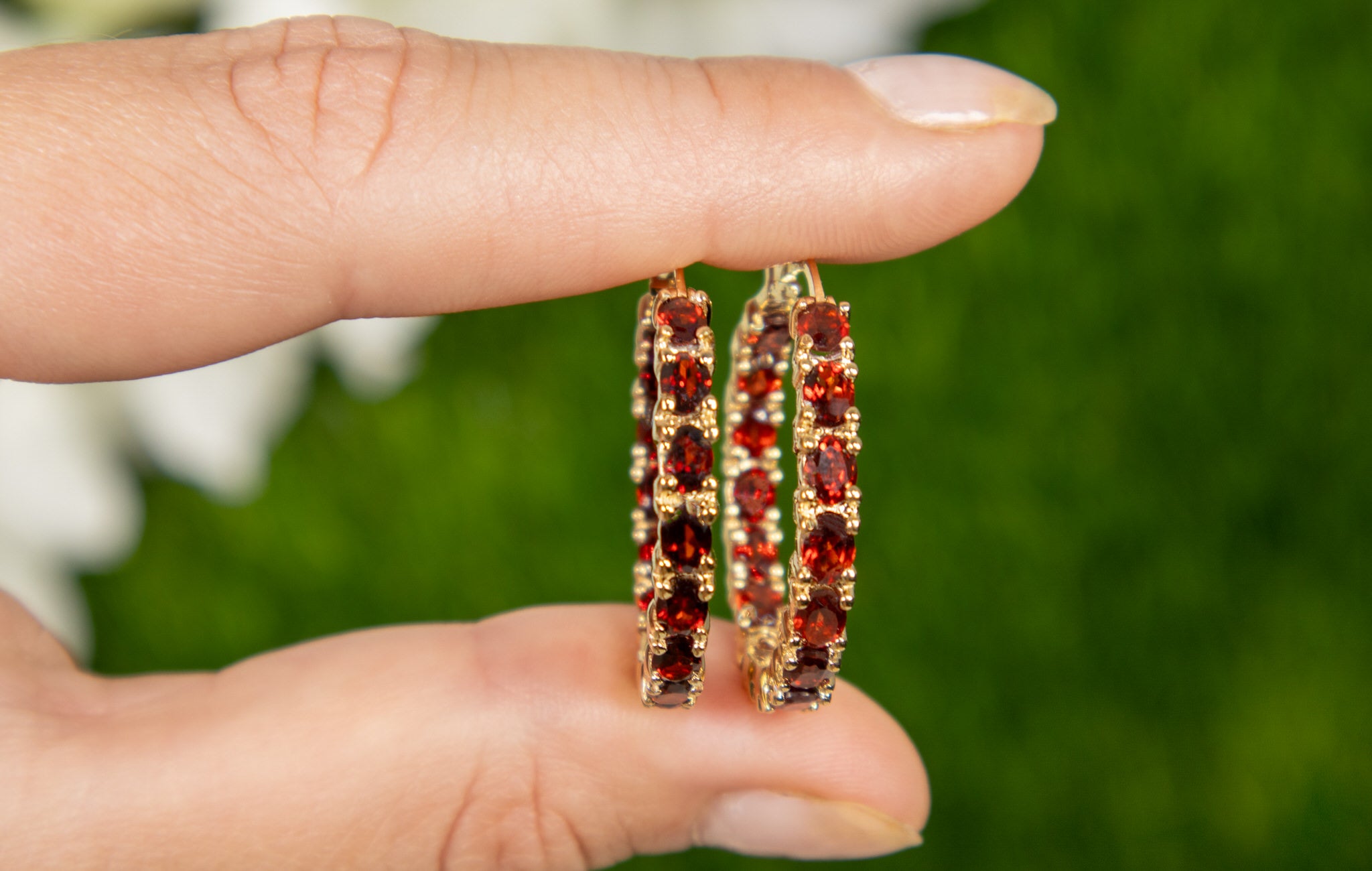 Garnet Hoop Earrings 5.98 Carats Gold Plated Silver