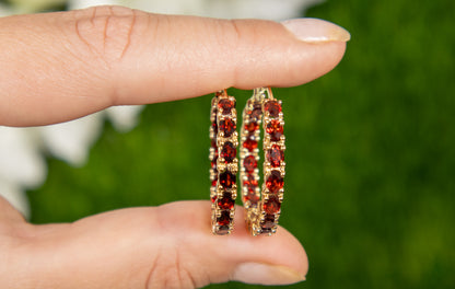Garnet Hoop Earrings 5.98 Carats Gold Plated Silver