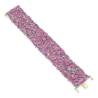 Hand Carved Pink Tourmaline Bracelet Set With Diamonds 82 Carats Total