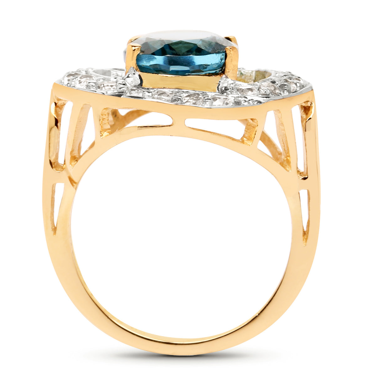 London Blue Topaz Ring With White Topaz 5.1 Carats Gold Plated Silver