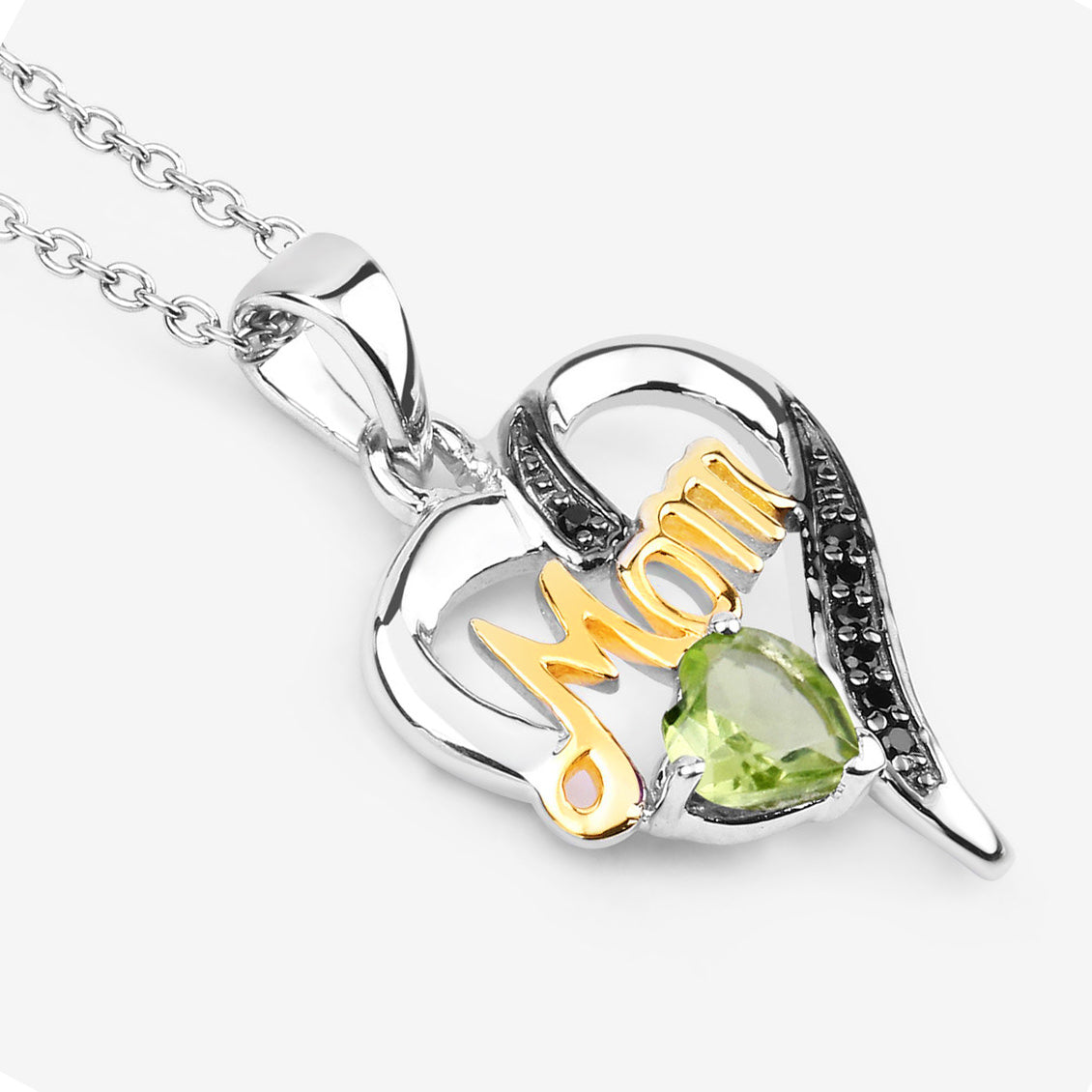 Peridot Mom Heart Pendant With Black Spinel 0.46 Carats Gold Plated Silver