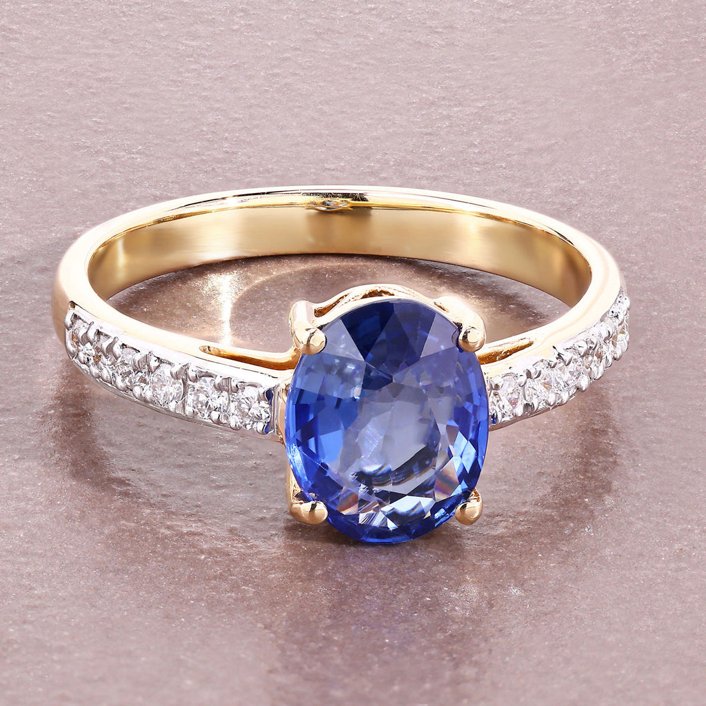 Blue Sapphire Ring With Diamonds 2 Carats 18K Yellow Gold