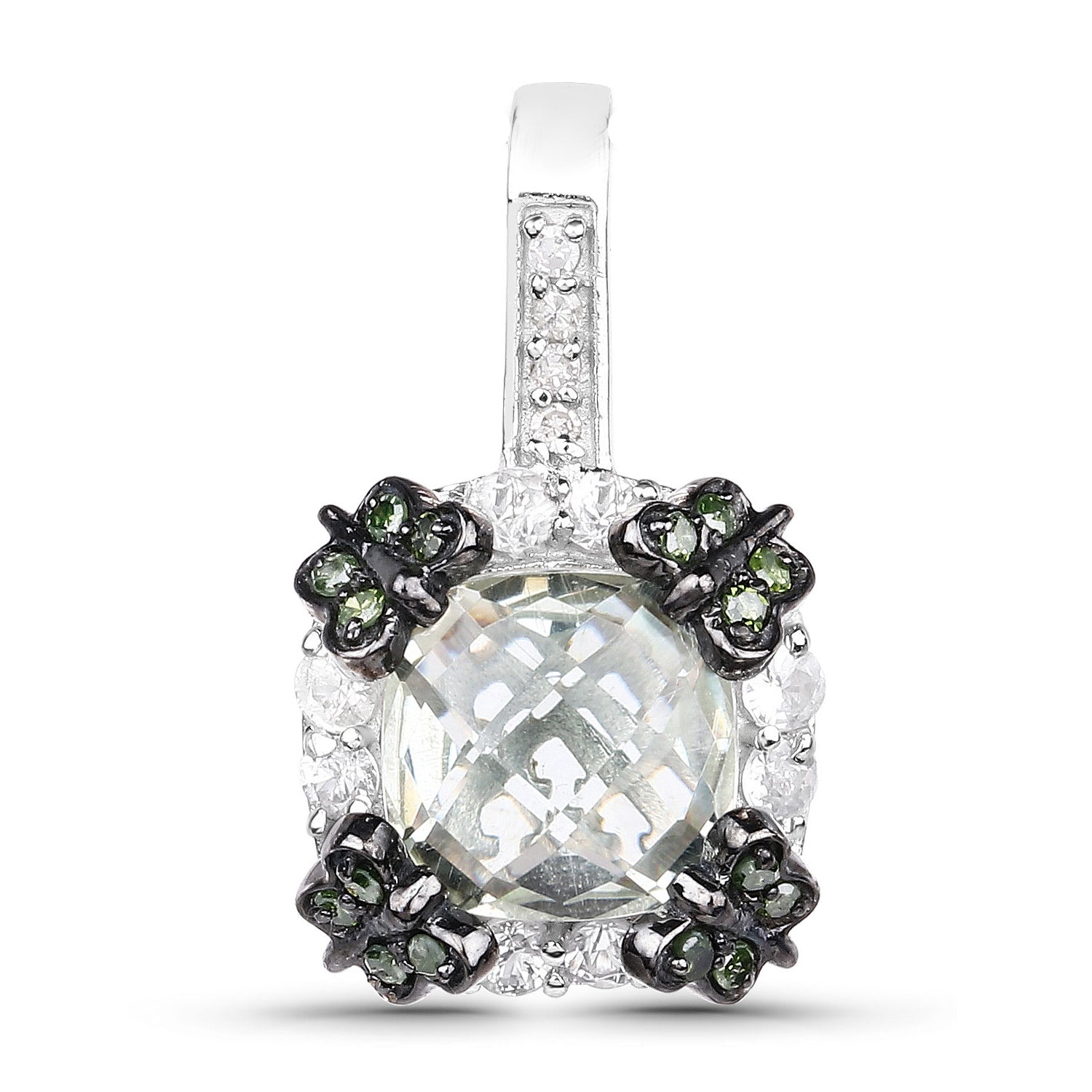 Green Amethyst Flower Pendant With White Sapphire 2.66 Carats Sterling Silver