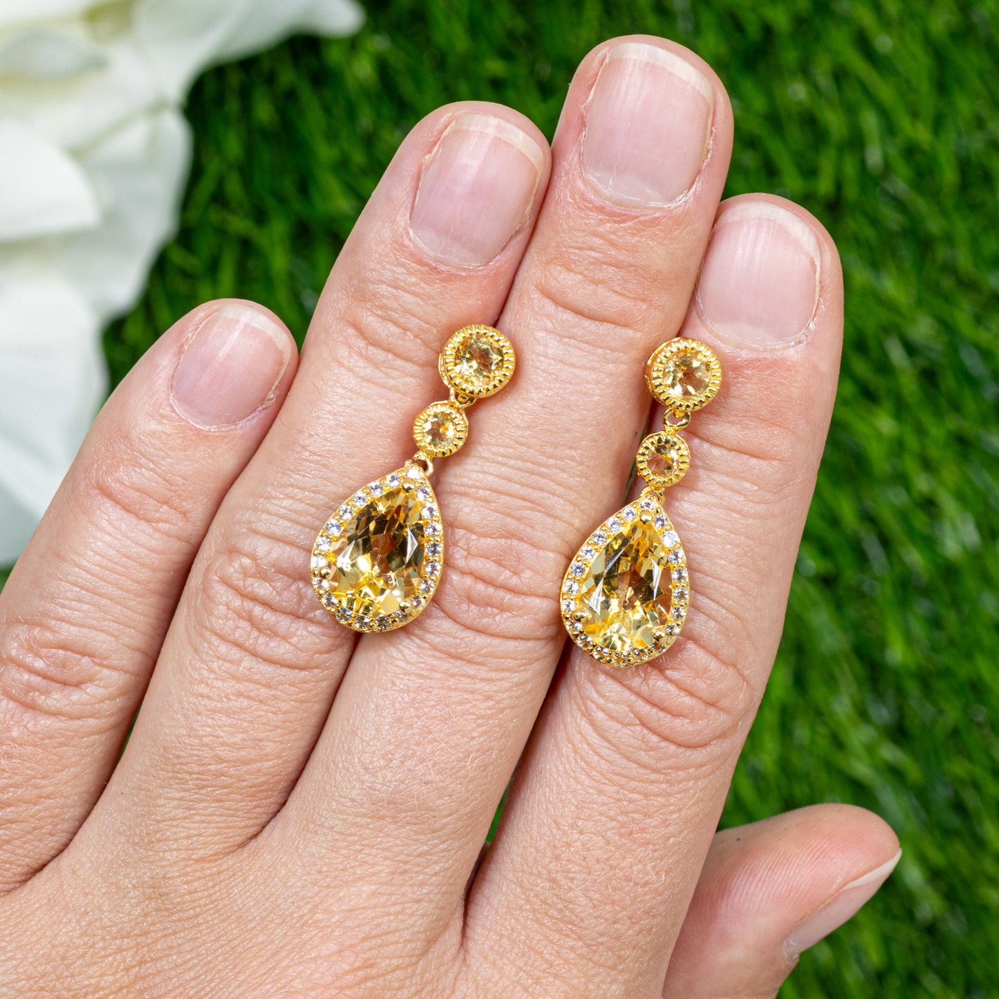 Citrine Dangle Earrings White Topazes 7.06 Carats 24K Yellow Gold Plated Silver