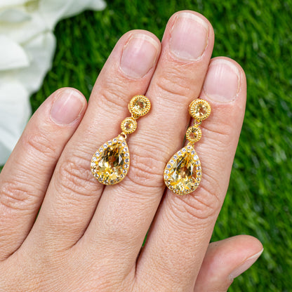 Citrine Dangle Earrings White Topazes 7.06 Carats 24K Yellow Gold Plated Silver