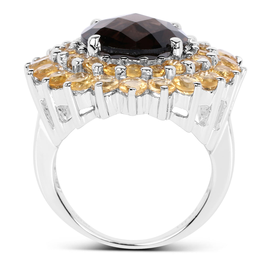 Smoky Quartz Ring With Citrine 8.5 Carats Sterling Silver