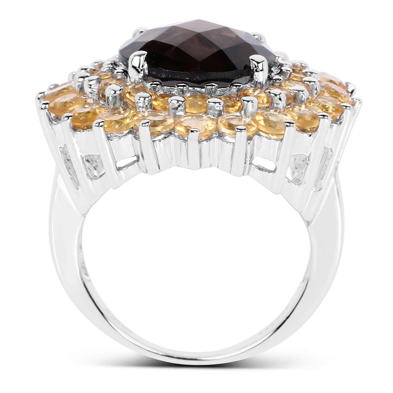 Smoky Quartz Ring With Citrine 8.5 Carats Sterling Silver