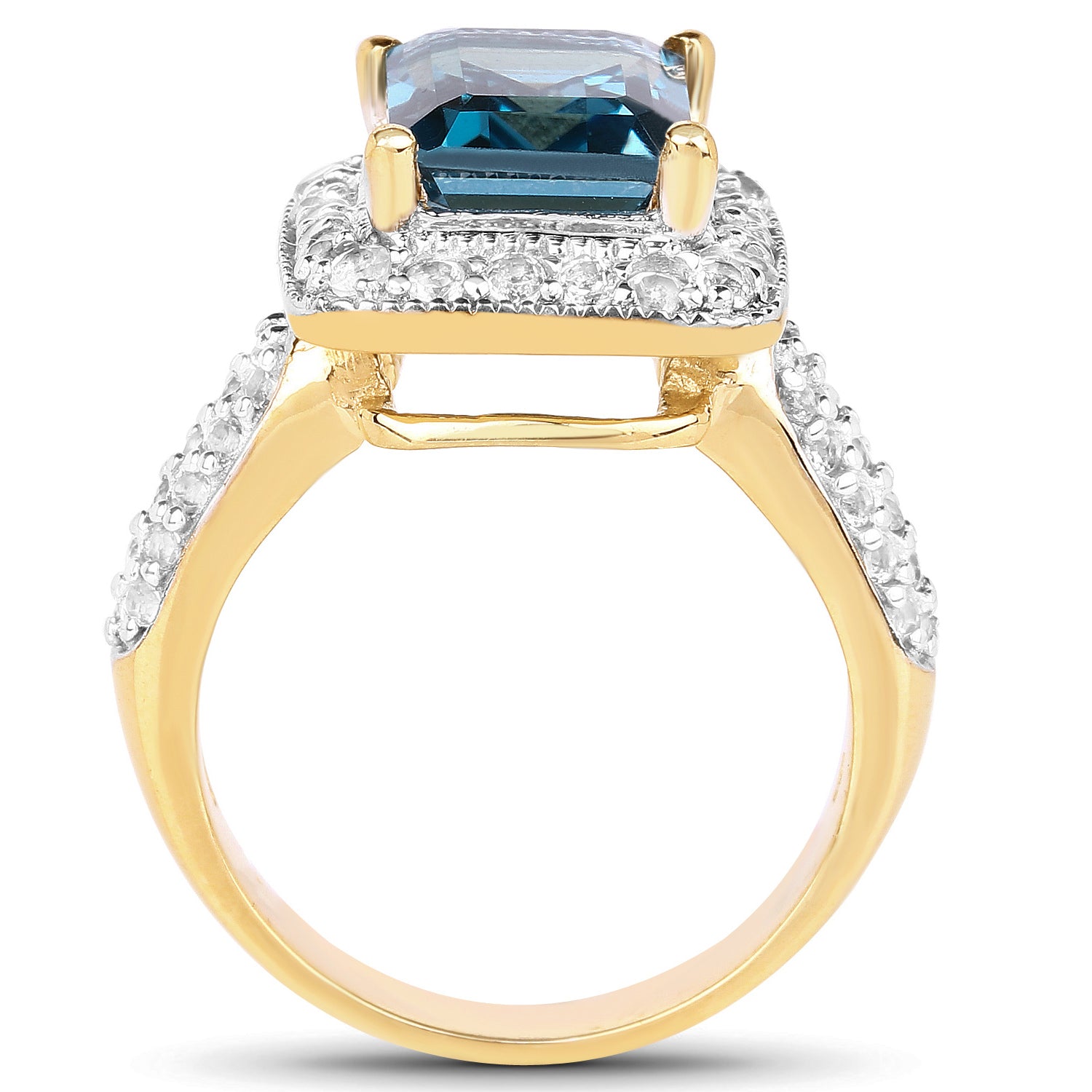 London Blue Topaz Ring With White Topaz 5.08 Carats Gold Plated Silver