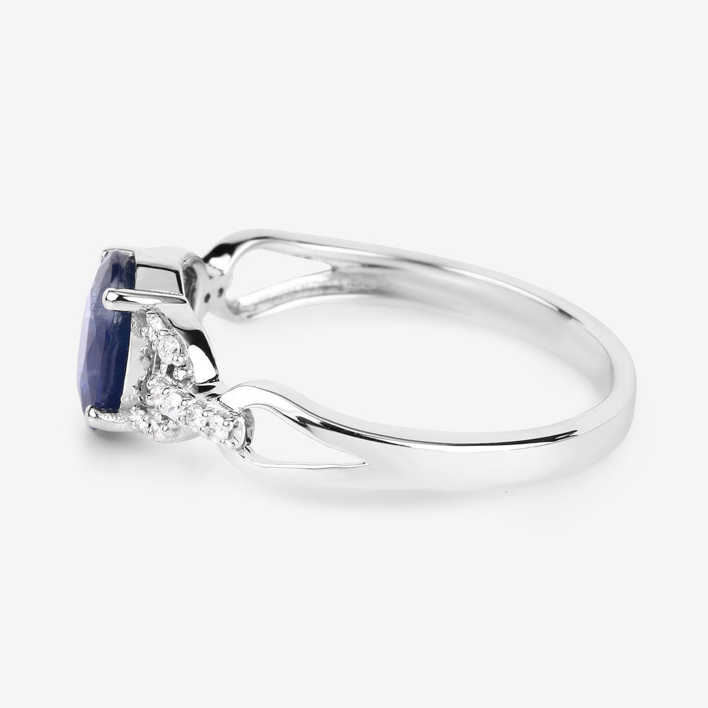 Blue Sapphire Ring With Diamonds 1.1 Carats 14K White Gold