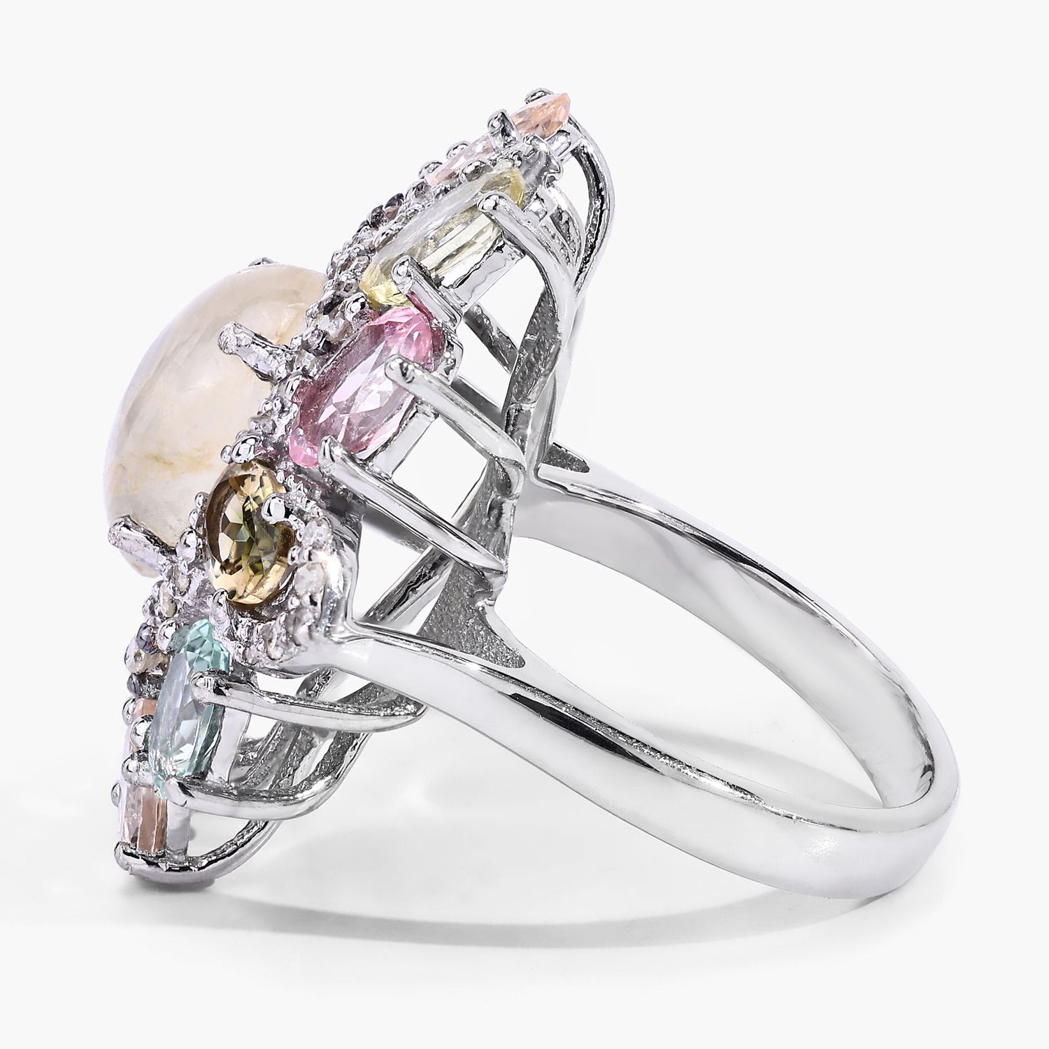 Moonstone Ring With Multicolor Tourmaline 6.72 Carats Sterling Silver