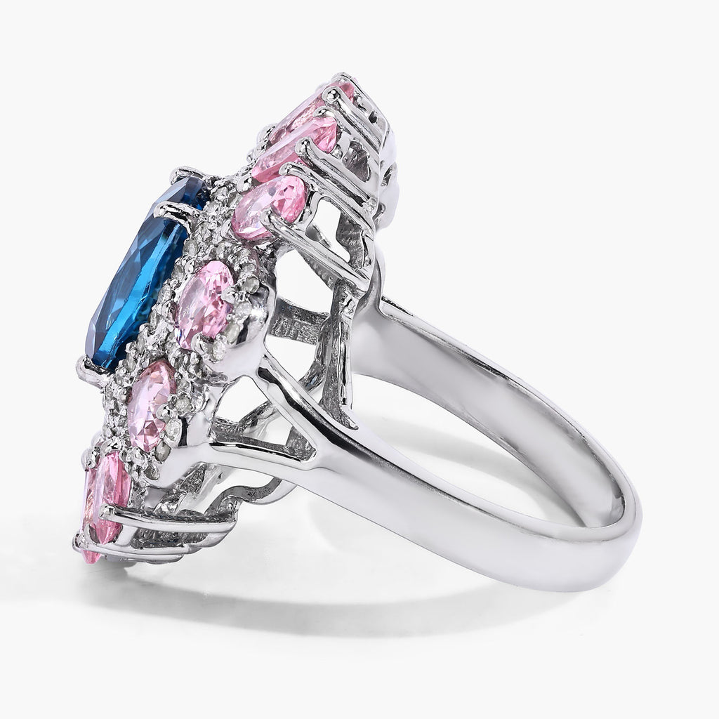 London Blue Topaz Ring With Pink Tourmaline 7.38 Carats Sterling Silver