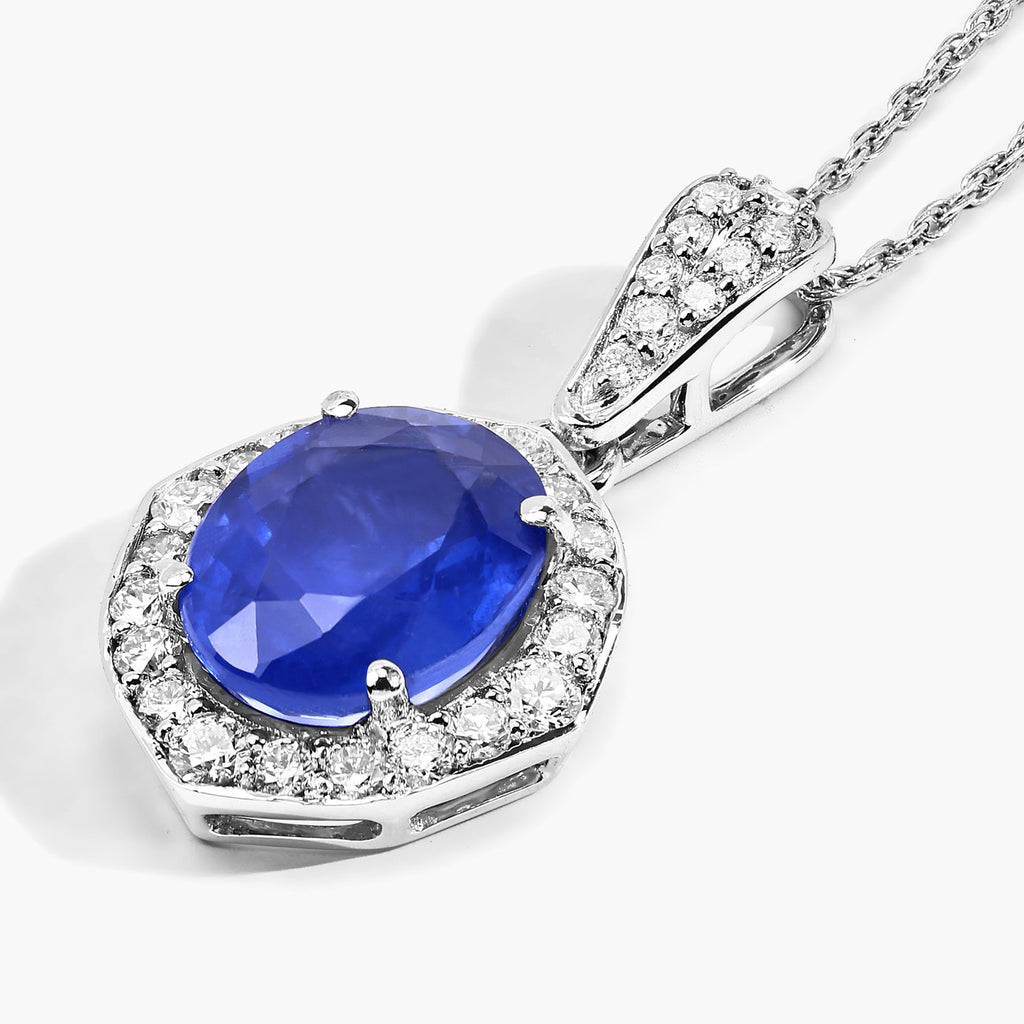 Blue Sapphire Pendant With Diamonds 3.96 Carats 18K White Gold