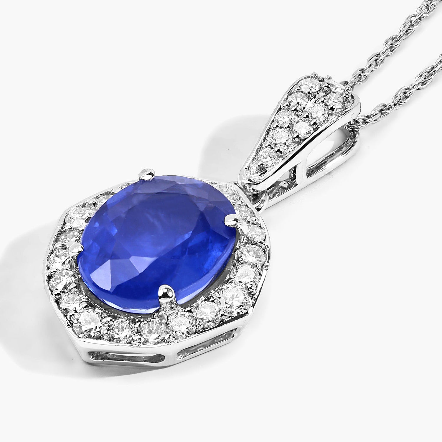 Blue Sapphire Pendant With Diamonds 3.96 Carats 18K White Gold