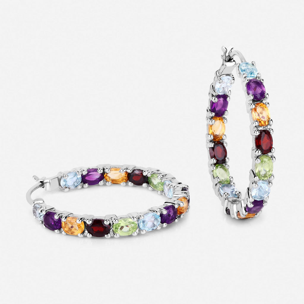 Natural Mixed Gemstones Hoop Earrings 5.34 Carats Sterling Silver