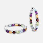 Natural Mixed Gemstones Hoop Earrings 5.34 Carats Sterling Silver