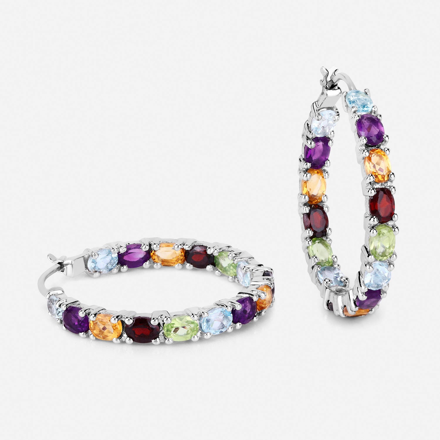 Natural Mixed Gemstones Hoop Earrings 5.34 Carats Sterling Silver