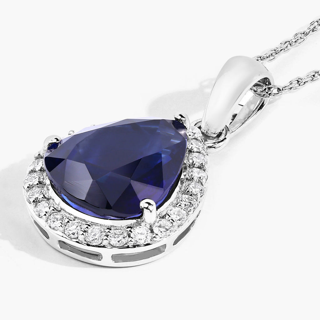 Blue Sapphire Pendant With Diamonds 3.48 Carats 18K White Gold
