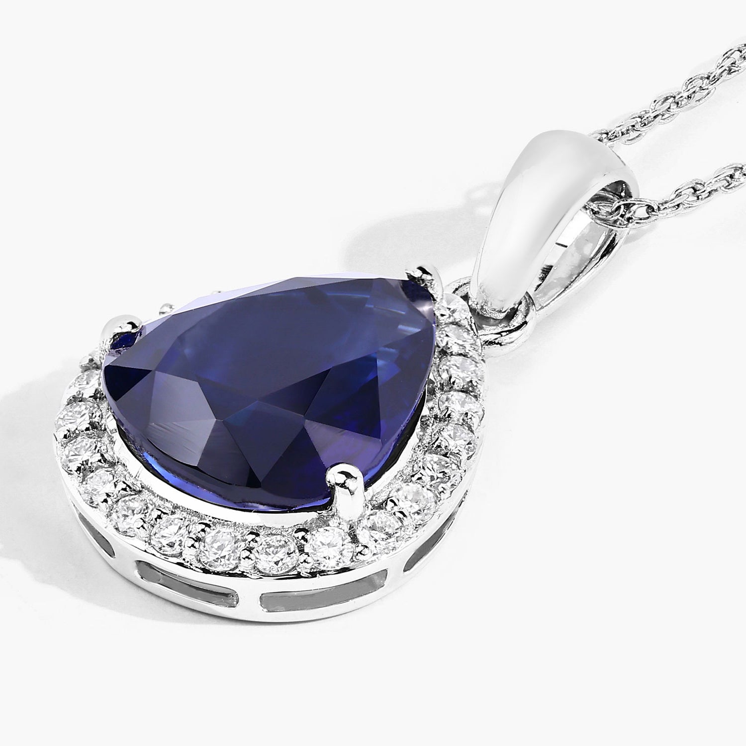 Blue Sapphire Pendant With Diamonds 3.48 Carats 18K White Gold