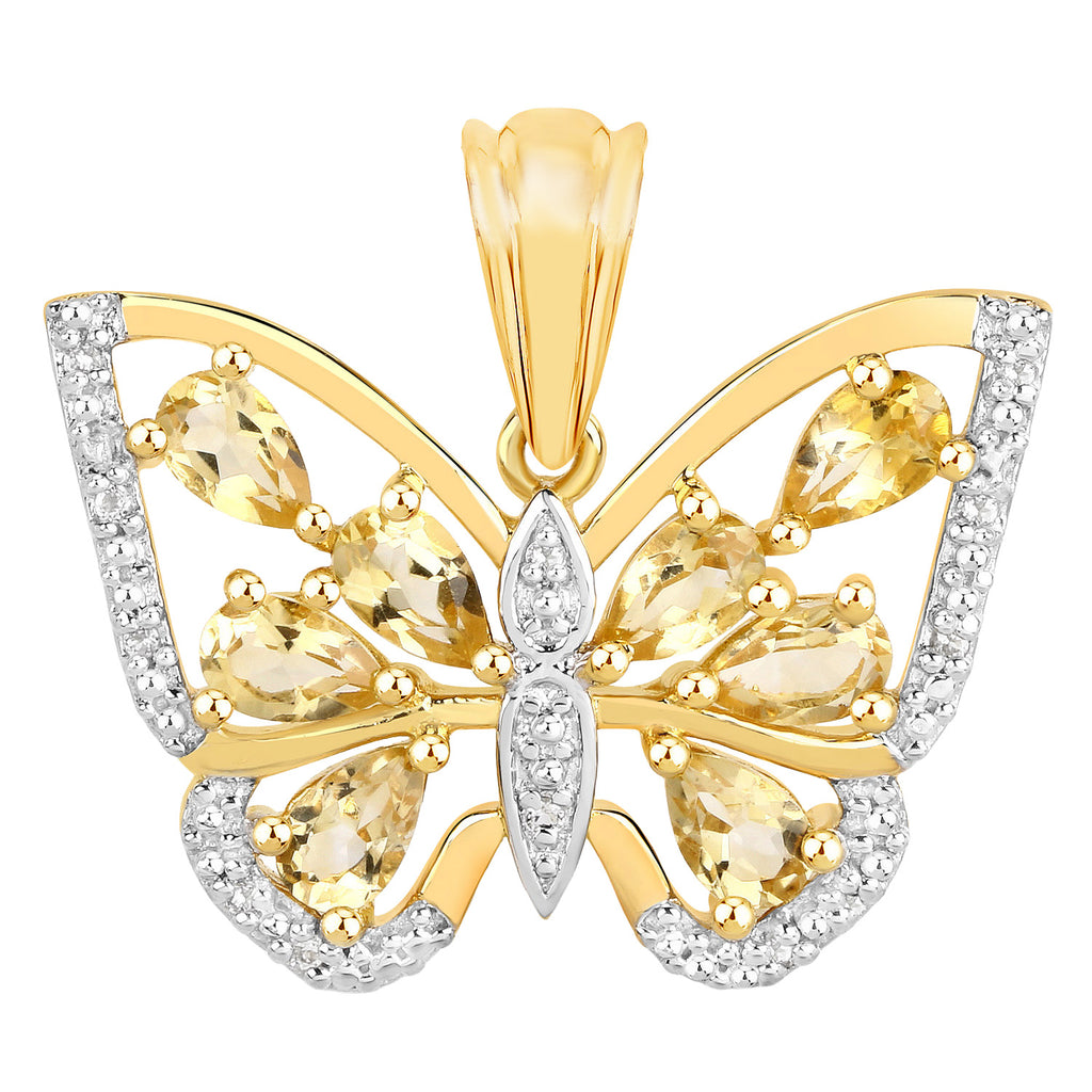 Citrine Butterfly Pendant With White Topaz 1.79 Carats Gold Plated Silver