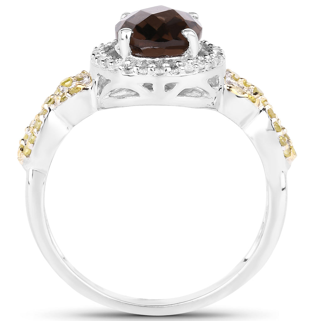 Smoky Quartz Ring With Multicolor Diamonds 1.86 Carats Sterling Silver