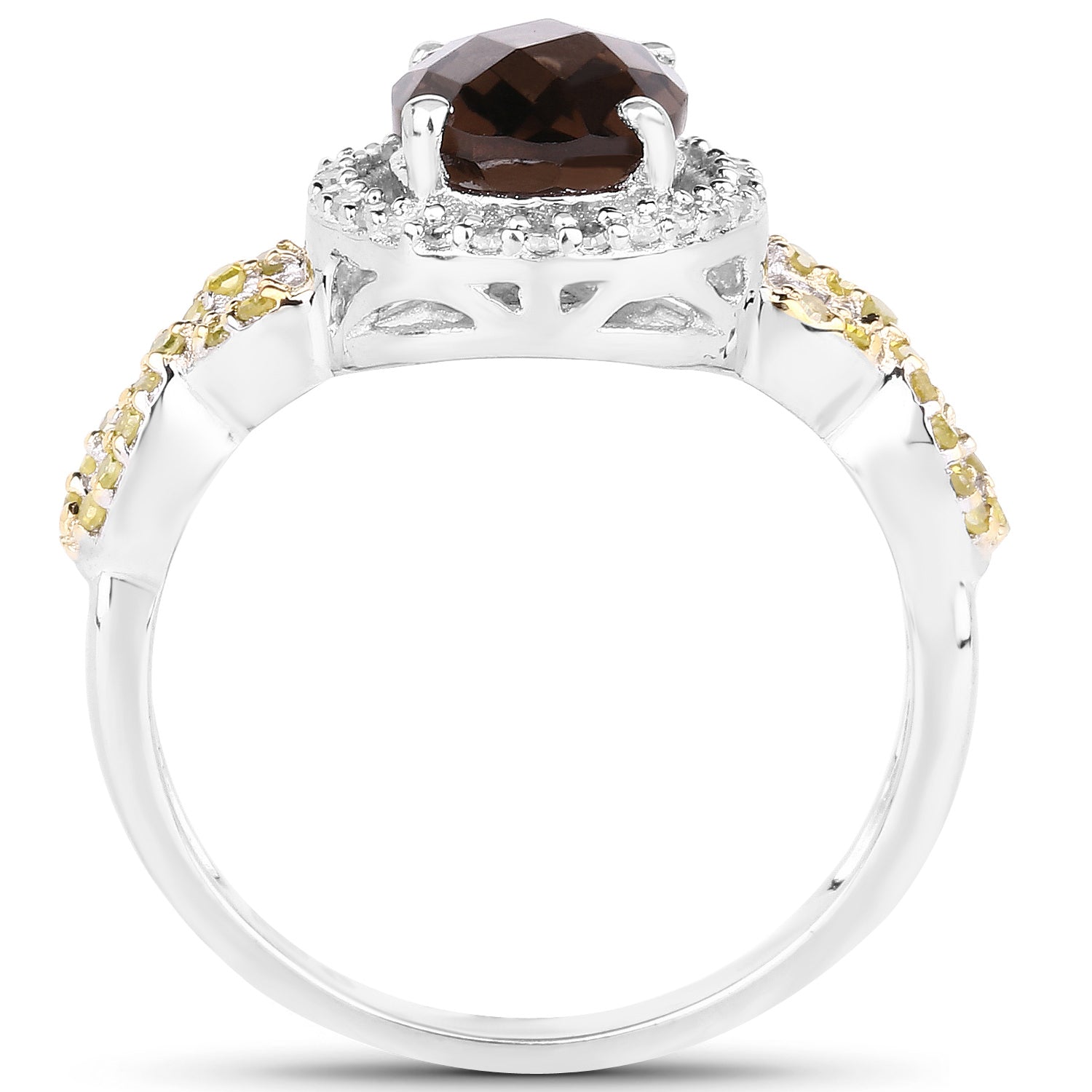 Smoky Quartz Ring With Multicolor Diamonds 1.86 Carats Sterling Silver