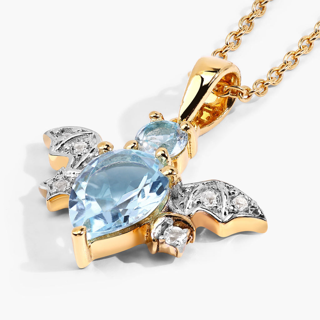 Blue Topaz Bat Pendant With White Topaz 1.41 Carats Gold Plated Silver