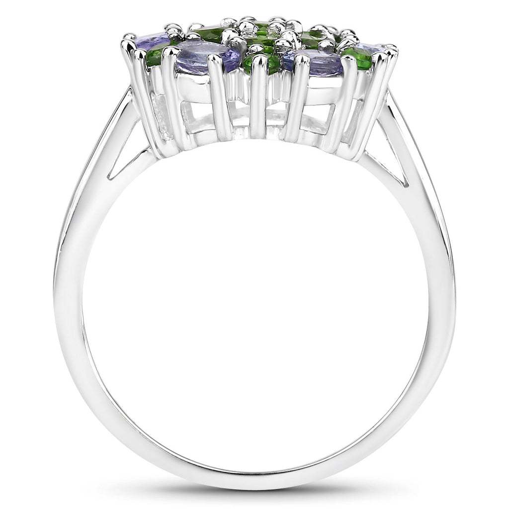 Chrome Diopside Flower Ring With Tanzanite 1.98 Carats Sterling Silver
