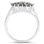 Chrome Diopside Flower Ring With Tanzanite 1.98 Carats Sterling Silver