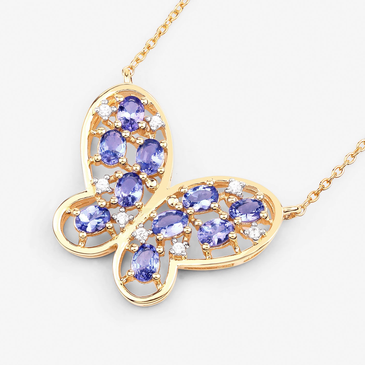 Tanzanite Butterfly Necklace With White Zircon 1.82 Carats Gold Plated Silver