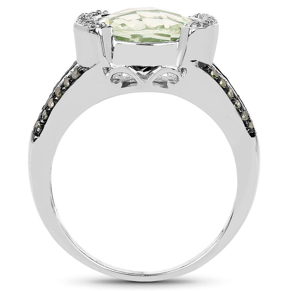 Green Amethyst Ring With Multicolor Diamonds 3.54 Carats Sterling Silver