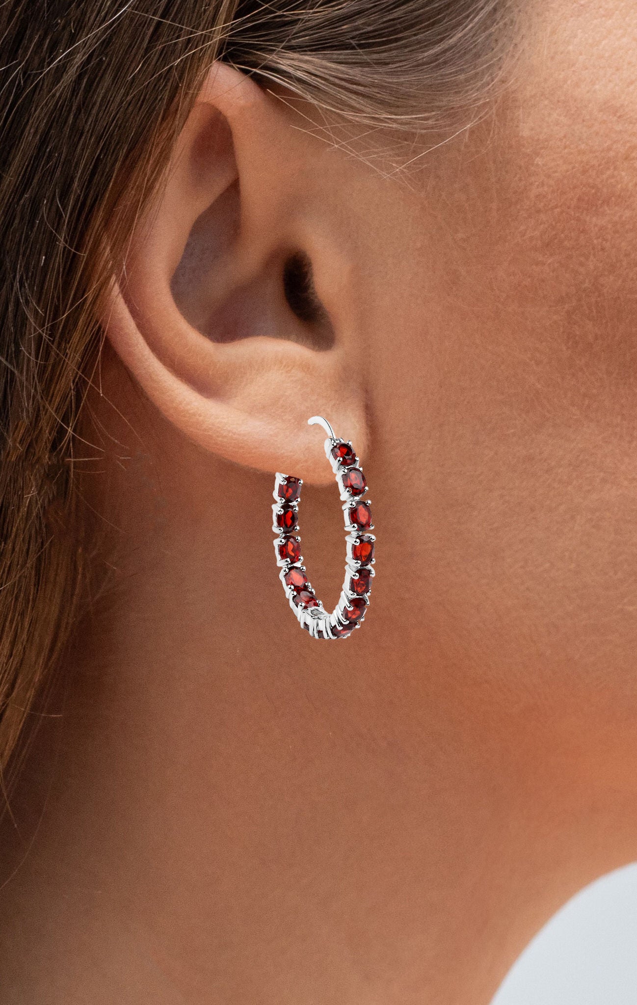 Garnet Hoop Earrings 6 Carats Sterling Silver