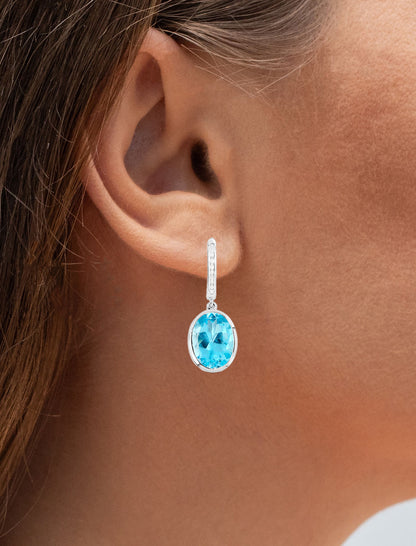 Swiss Blue Topaz Dangle Earrings With Diamonds 15 Carats