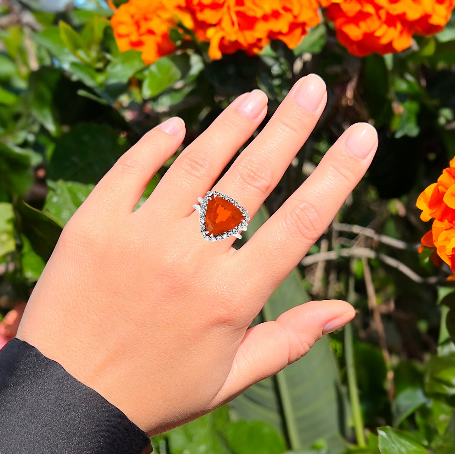 Fire Opal Ring With Diamonds 4.14 Carats 14K White Gold