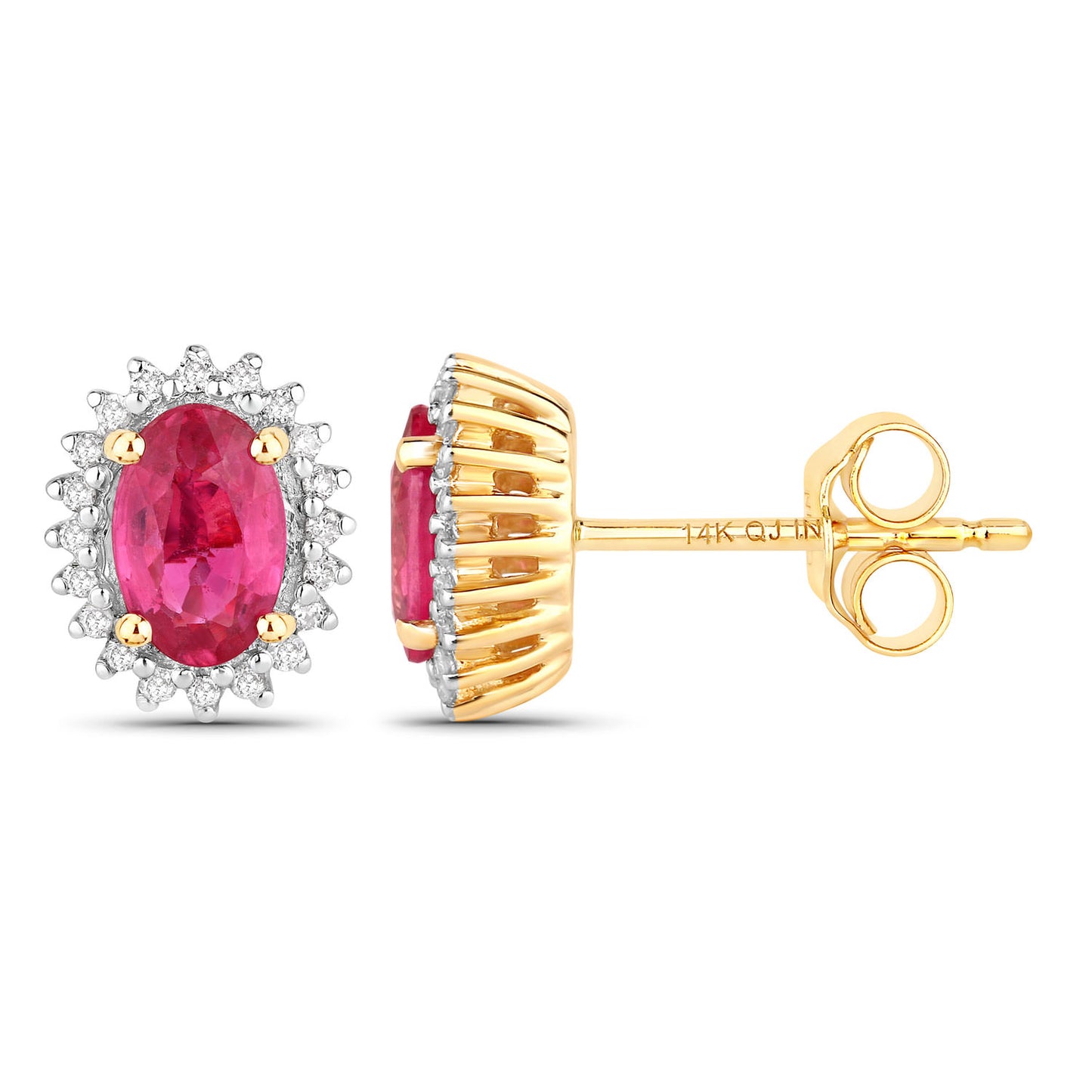 Ruby Halo Stud Earrings Diamonds 1.1 Carats 14K Yellow Gold