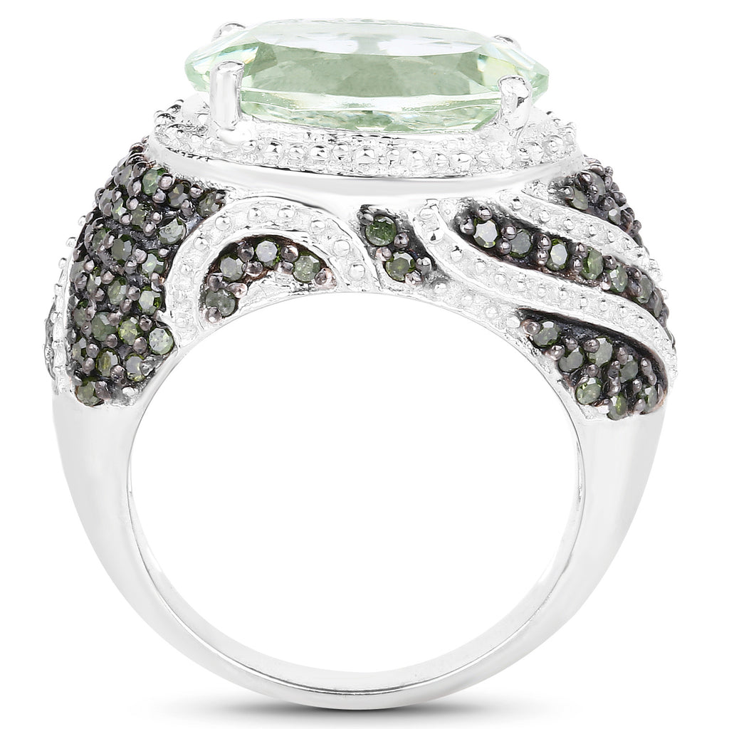 Green Amethyst Ring With Green Diamonds 5.94 Carats Sterling Silver