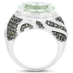 Green Amethyst Ring With Green Diamonds 5.94 Carats Sterling Silver