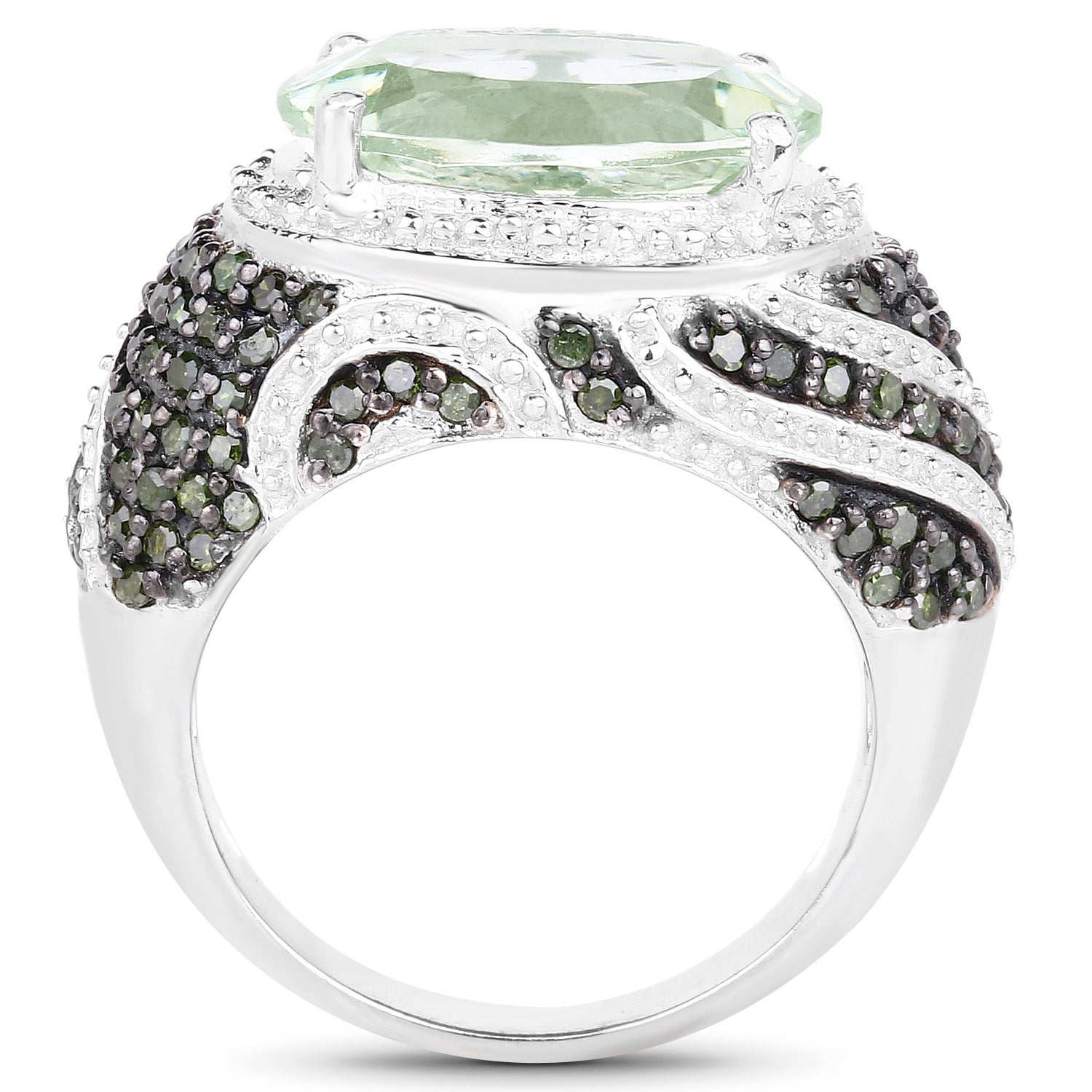 Green Amethyst Ring With Green Diamonds 5.94 Carats Sterling Silver