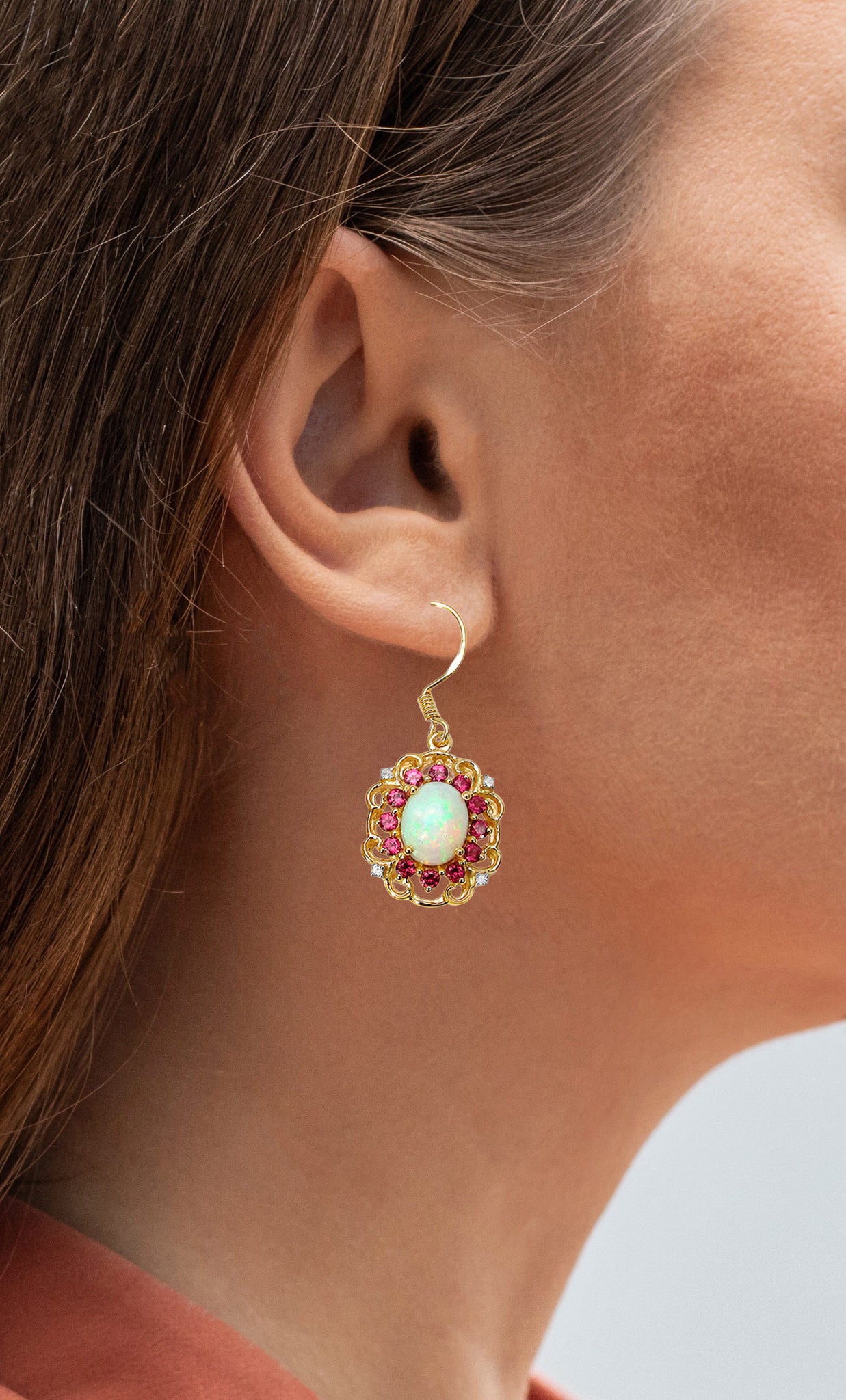 Natural Opal Earrings With Rhodolite Garnet 4.88 Carats Gold Plated Silver